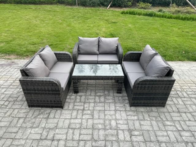 Fimous Rattan Garden Furniture Set 6 Seater Indoor Outdoor Patio Sofa Set with Coffee Table Loveseat Sofa Dark Grey Mixed Dark Grey