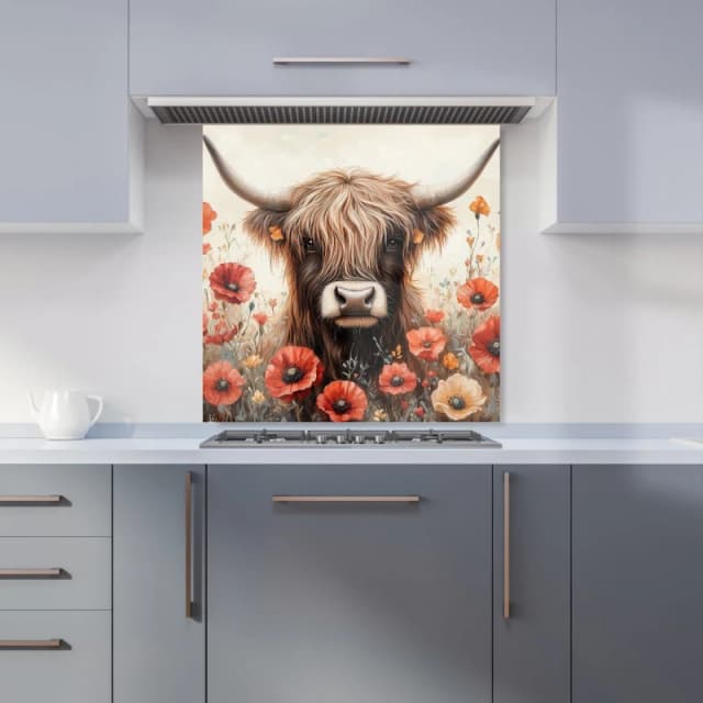 Warren Reed - Designer Highland Cow & Summer Flowers Kitchen Splashback Size: 600mm x 600mm Multicolor Unisex 600mm x 600mm