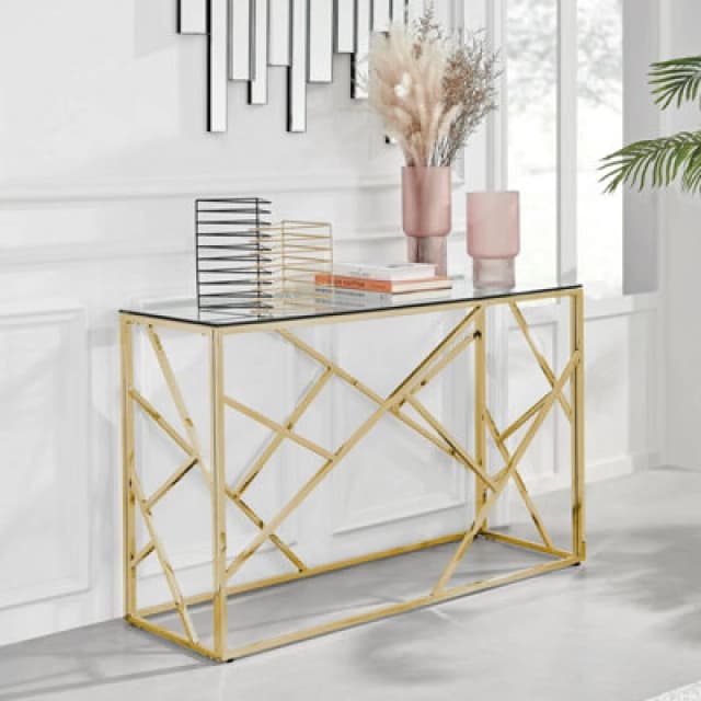 FurnitureboxUK FurnitureboxUK Amalfi Console Table - Rectangular Clear Glass & Chromed Metal Table - Abstract Pattern - Sleek, Chic, Bright & Airy in