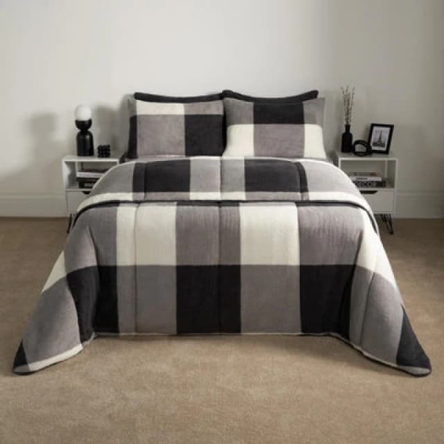 OHS OHS Check Coverless Duvet Pillowcase Bedding Set Teddy Fleece Gingham Quilt 10.5 TOG in Light Grey Size: Double Light Grey Double Unisex 5027434