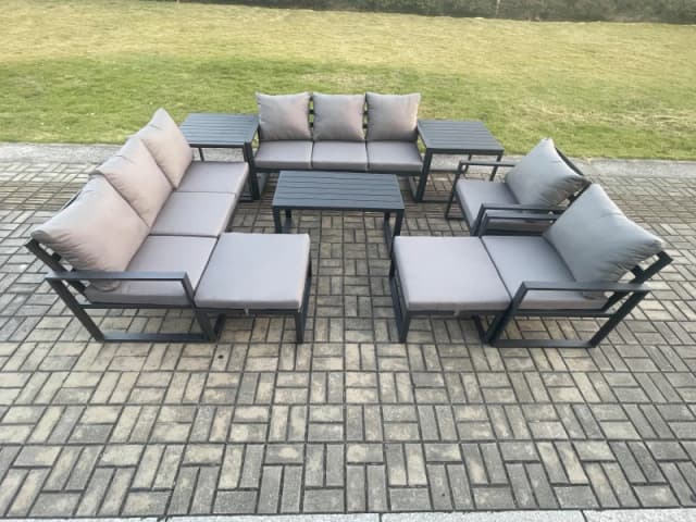 Fimous Aluminium Outdoor Garden Furniture Lounge Sofa 2 PC Chairs Oblong Coffee Table Sets with 2 Side Tables 2 Big Footstool Dark Grey Dark Grey Unis