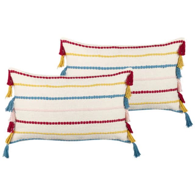 Beliani Set Of 2 Decorative Cushions Agave Cotton 40 X 60 Cm Light Beige Striped