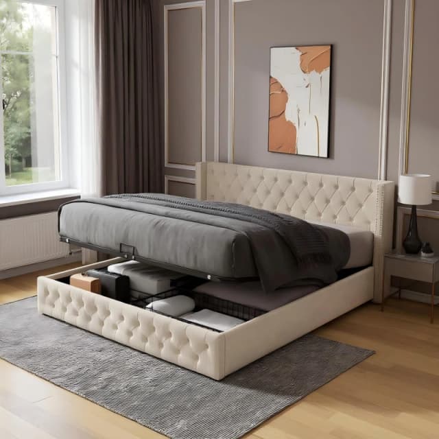 Urban Meuble Upholstered King Bed Frame with Tufted Headboard Beige unisex King size