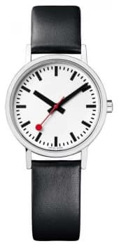 Mondaine Classic Pure 30 Mm Black Leather Strap White Watch