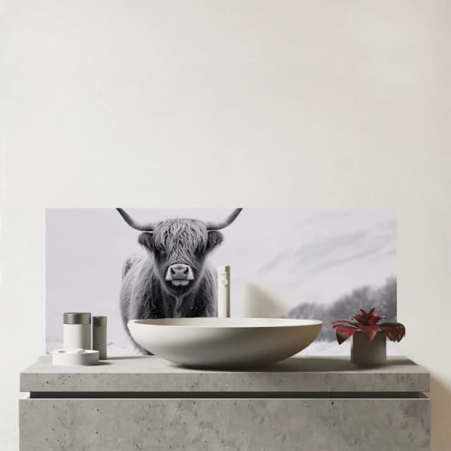 Warren Reed - Designer Lone Highland Cow Glass Bathroom Splashback in White White Unisex