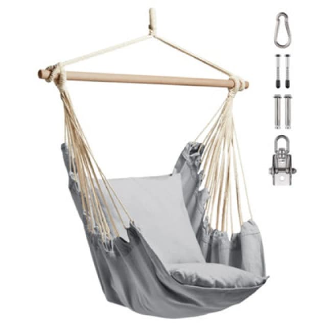 Vonhaus Hanging Chair, Grey Garden Hammock Chair Swing Seat, Cotton Rope Swing Chair With Tree Attachment, Portable Garden Chair