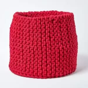 Homescapes - Red Cotton Knitted Round Storage Basket, 42 x 37cm - Red