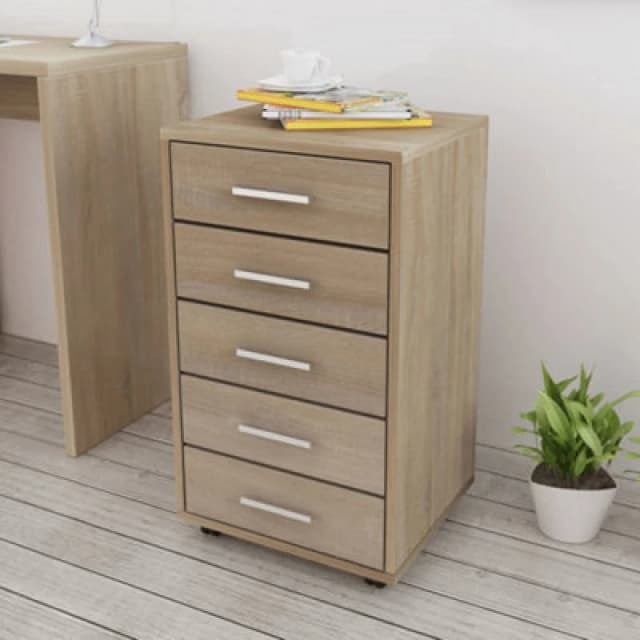vidaXL Office Drawer Unit with Castors 5 Drawers Oak Side Storage Cabinet