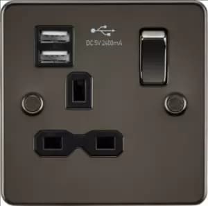 KnightsBridge Flat plate 13A 1G switched socket with dual USB charger (2.4A) - gunmetal with Black insert