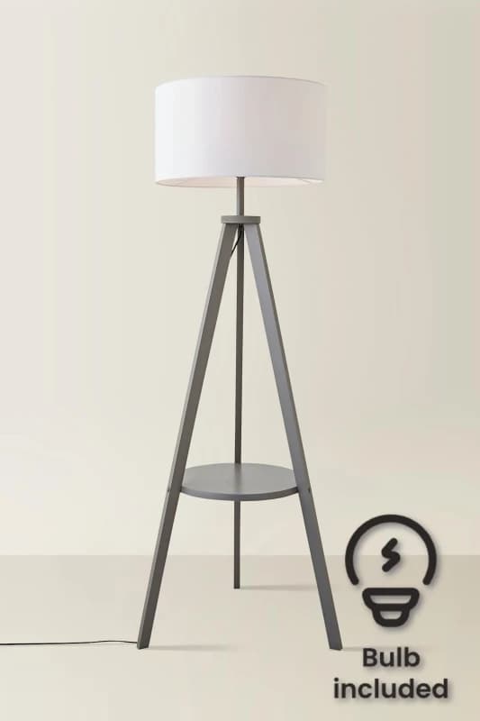 ValueLights Morrigan Grey Wood Tripod Floor Lamp With Fabric Drum Lamp Shade and LED Bulb White