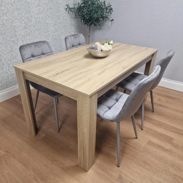 KOSY KOALA Dining Table and 4 Chairs Oak Effect Wood 4 Grey Velvet Chairs Dining Room Oak table 117 + 4 grey rocco