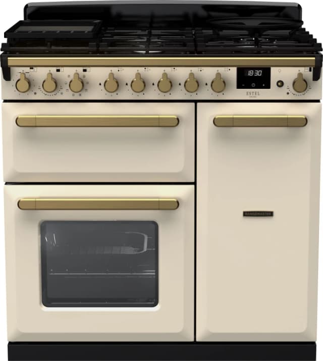 Rangemaster Estel Deluxe ESDL90DFPPCR/AB1 90cm Dual Fuel Range Cooker - Cream / Antique Brass - A/A Rated