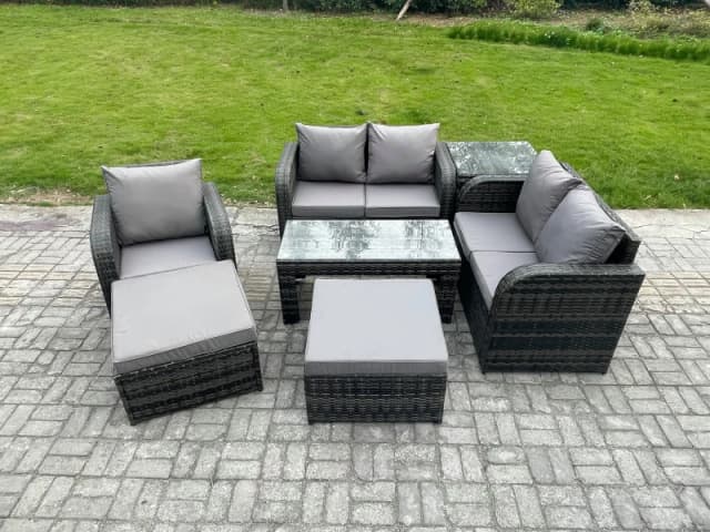 Fimous 7 Pcs Rattan Outdoor Garden Furniture Sofa Set Patio Table & Chairs Set with Side Table 2 Big Footstool Dark Grey Mixed Dark Grey