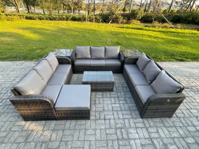 Fimous Rattan Lounge Sofa Set 10 Seater Outdoor Garden Furniture Set with Rectangular Coffee Table 3 Seater Sofa 2 Side Tables Big Footstool Dark Grey