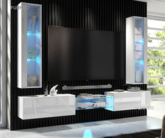 Furneo White Floating TV Unit High Gloss Matt Living Room Set Display Cabinets Art 01/02 Blue LED Lights