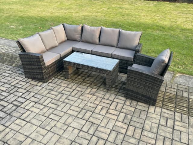 Fimous 7 Seat Rattan Garden Furniture Corner Sofa Set Outdoor Patio Chair Sofa Table Set Dark Grey Mixed Dark Grey Unisex