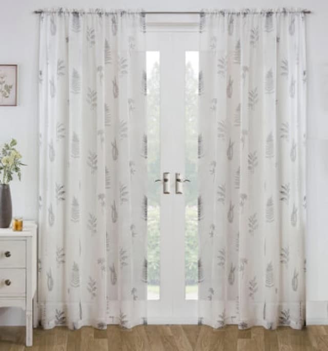 Tyrone Textiles Bracken Grey Leaf Print Linen-Look Voile Panel - Pair 140 X 122cm (55X48")
