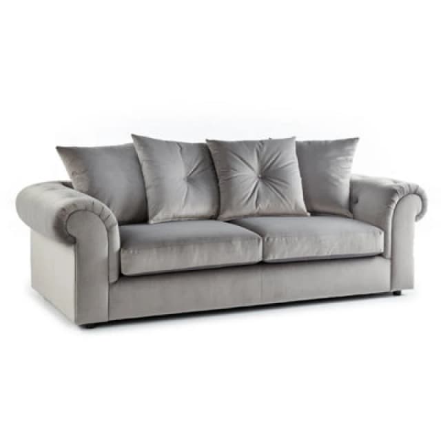 Furnishings For Less UK Derby Fabric Grey 3 Seater Sofa Scatter Back, Scroll Arms Grey