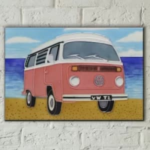 Pink Campervan On The Beach 8x12 Tile
