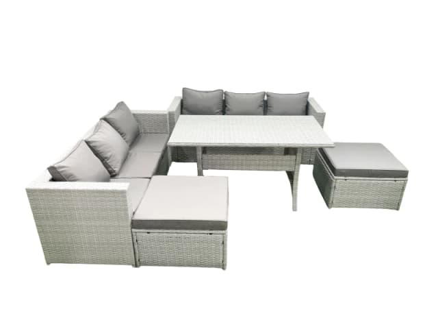 Fimous Rattan Garden Furniture Set 8 Seater Outdoor Sofa Set with Dining Table 2 Big Footstools Light Grey Mixed Light Grey