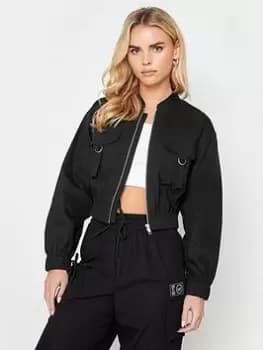 PixieGirl Petite Black Cropped Utility Pocket Bomber Jacket, Black, Size 8, Women