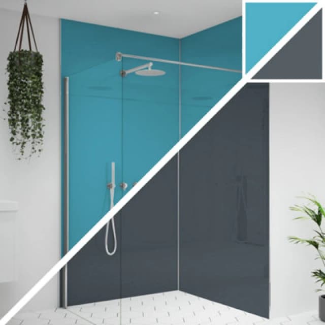 Splashwall Alloy Double-Sided Aluminium Bathroom & Wet Room Decorative Panel (H)2400mm (W)1200mm - Gloss Turquoise & Slate Grey