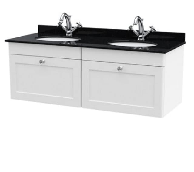 Nuie Classique Wall Hung 2 Drawer Unit & 1 Tap Hole Black Marble Top With Oval Basin, Sink Vanity Unit In Satin White With White