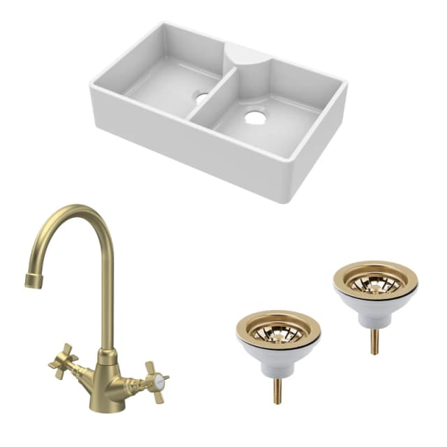 Balterley Fireclay 2 Bowl Butler Sink 2 x Wastes Mono Crosshead Tap 895mm Bronze