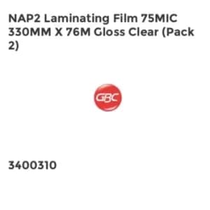 GBC NAP2 Laminating Film 75mic 330mm x 76m Gloss Clear Pack 2