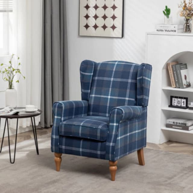 Wingback Tartan Armchair Soft Padded Retro Check Leisure Chair Fabric Lounge For Living Room Bedroom - Blue