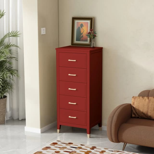 Cabinet Bits Palazzi 5 Drawer Narrow Chest of Drawers in Red Red Unisex