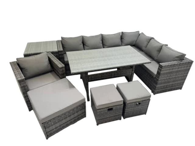 Fimous 10 Seater Patio Dining Corner Sofa Set with Chair Big Stool Side Table in Dark Grey Dark Grey Unisex