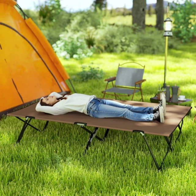 OUTSUNNY Double Camping Folding Cot Portable Sleeping Bed, Charcoal Khaki in Brown Brown Unisex Double