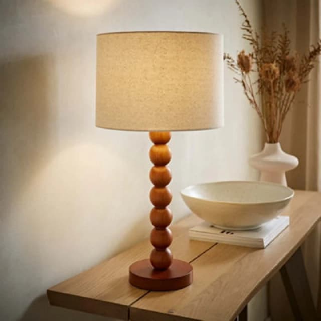 ValueLights ValueLights Wyatt Natural Linen Drum Lamp Shade Walnut Wood Bobbin Table Lamp Natural One Size Unisex 5016529272601