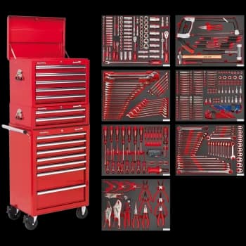 Sealey Superline Pro 14 Drawer Roller Cabinet, Mid and Top Tool Chests + 446 Piece Tool Kit Red