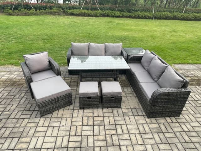 Fimous 10 Seater Outdoor Rattan Garden Furniture Set Rectangular Dining Table & Chairs Set with 3 Seater Sofa 3PC Footstools Side Table in Dark Grey D