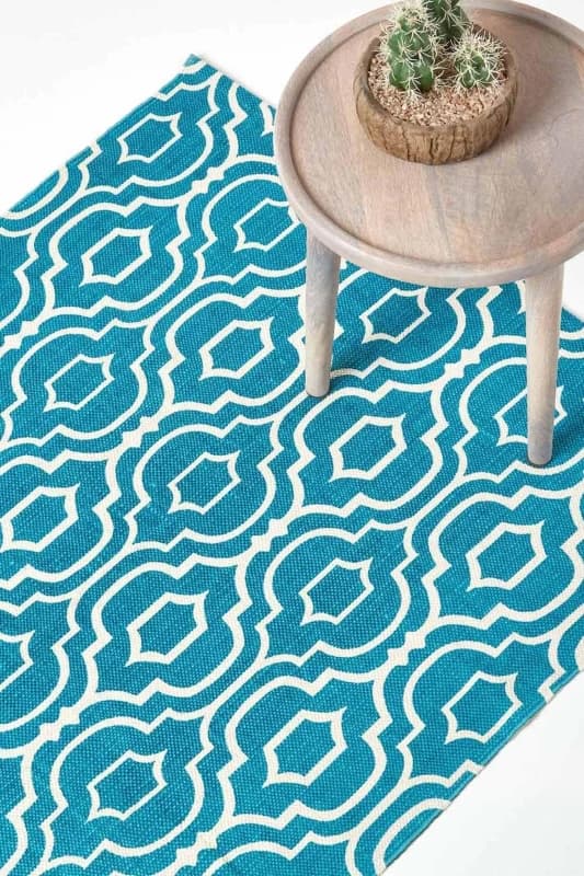 Homescapes Riga Teal And White 100% Cotton Printed Patterned Rug, 160 X 230 Cm