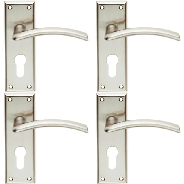 Loops 4x PAIR Arched Lever on Euro Lock Backplate Door Handle 150 x 50mm Satin Nickel Metallics