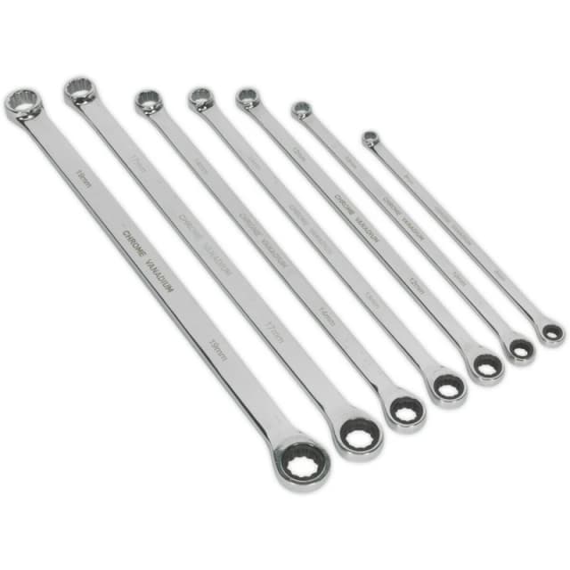 Loops 7pc Double Ended Fixed & Ratchet Ring Spanner Set -12 Point Metric Socket Wrench Multi
