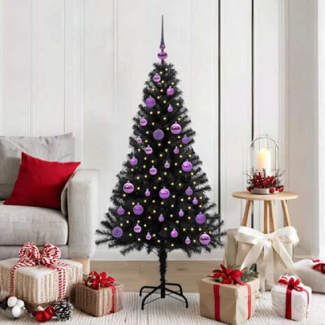 vidaXL Christmas Tree with 150 LEDs, Lilac Balls with Stand Black 150cm PVC, Black 3396471