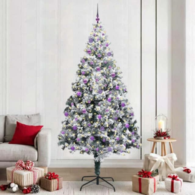 vidaXL Artificial Christmas Tree with 300 LEDs, Lilac Balls with Stand Snow Flocked Green 240 cm, Green 3396986