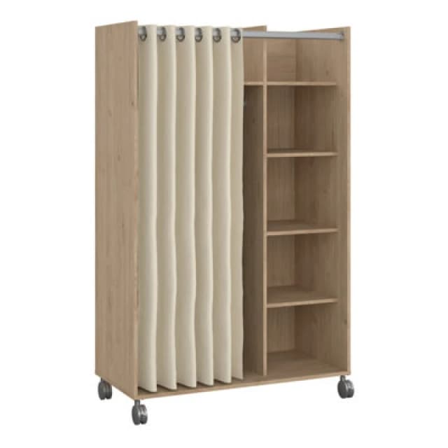 Furniture To Go Uppsala Open Mobile Wardrobe Unit In Jackson Hickory Oak With A Beige Textile Curtain On Wheels