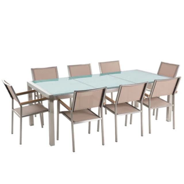 Beliani Garden Dining Set 8 Seater Grosseto Cracked Glass Transparent/ Beige