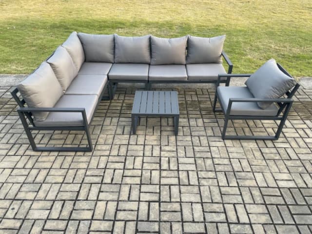 Fimous Aluminium Garden Furniture Set Outdoor Lounge Corner Sofa Chair Square Coffee Table Sets Dark Grey 7 Seater Dark Grey Unisex