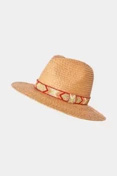 Natural Woven Beaded Trim Straw Trilby Hat