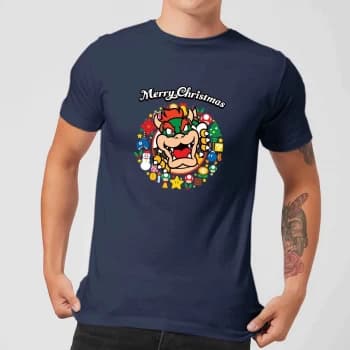 Nintendo Super Mario Bowser Merry Christmas Wreath Navy T-Shirt - XXL - Navy