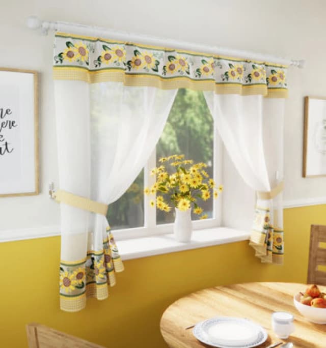 Tyrone Textiles Floral Embroidery Kitchen Curtains Window Sets with Matching Tie Backs Yellow