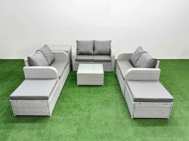 Fimous 8 Seater PE Wicker Rattan Furniture Sofa Sets with Square Coffee Table 2 Seater Love Sofa 2 Big Footstool Side Table Light Grey Light Grey