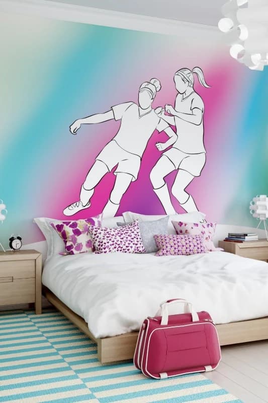 Origin Murals Girls Playing Football Wall Mural in Blue Size: W300cm x H240cm Blue Unisex W300cm x H240 cm