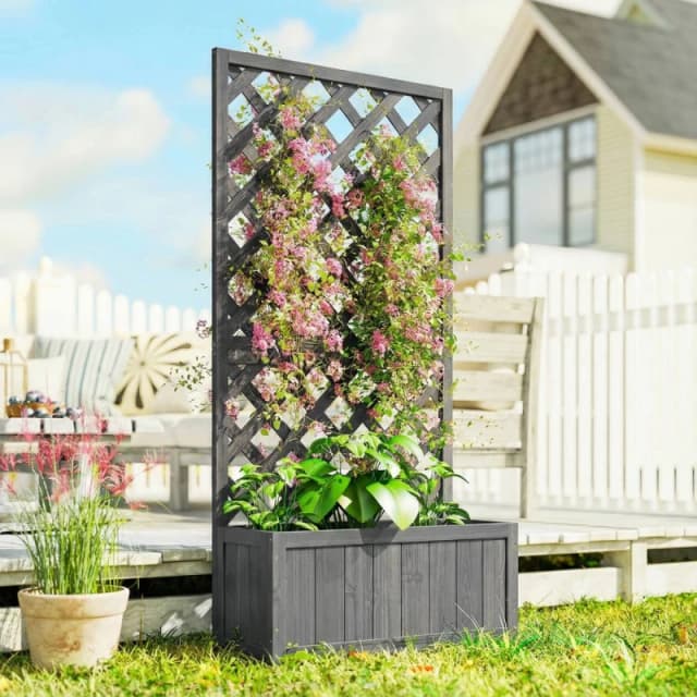 OUTSUNNY Wood Planter with Trellis for Climbing Plants, Grey Grey Unisex